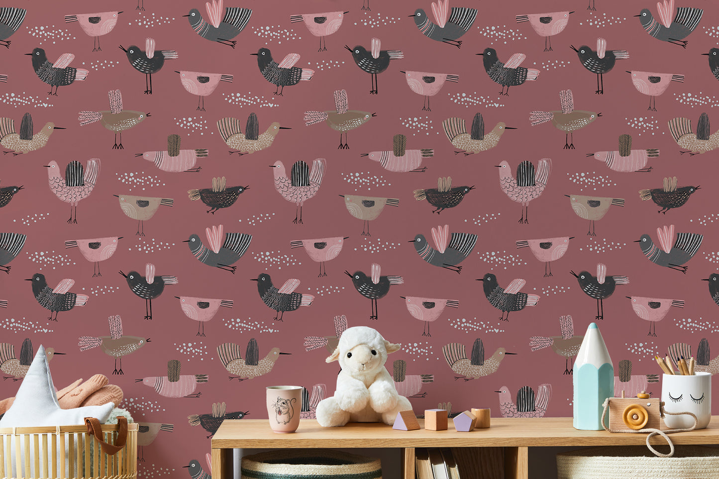 Hand-drawn birds wallpaper with a dark pink background