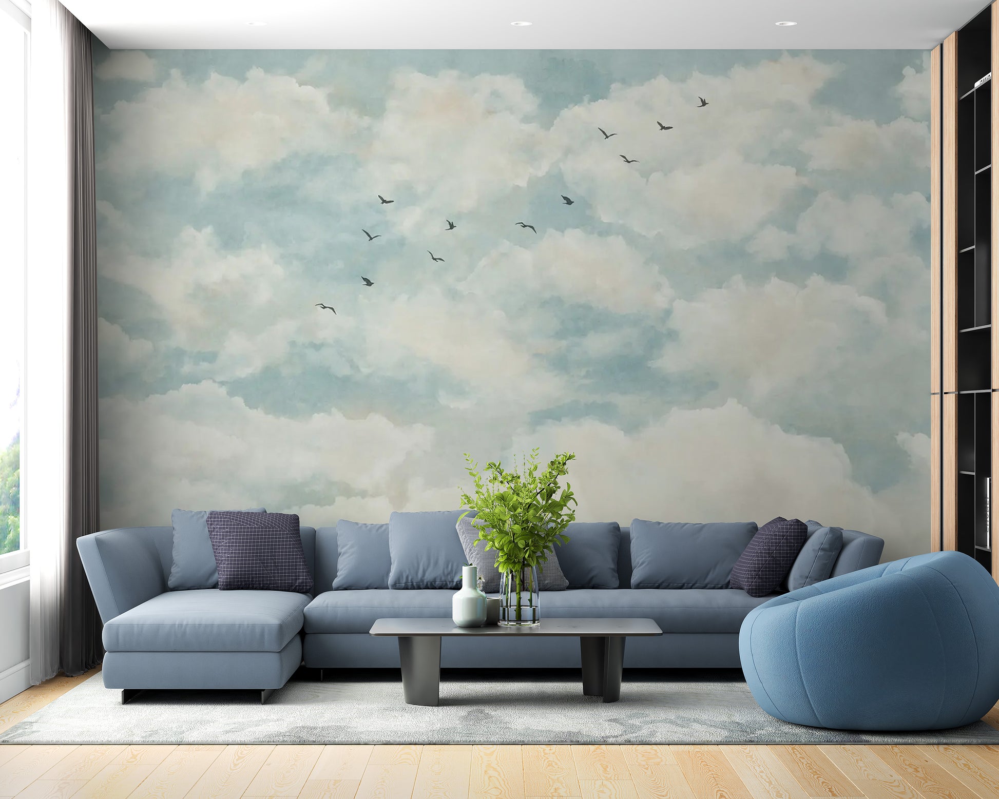 Minimalist watercolor clouds and birds wallpaper for walls
