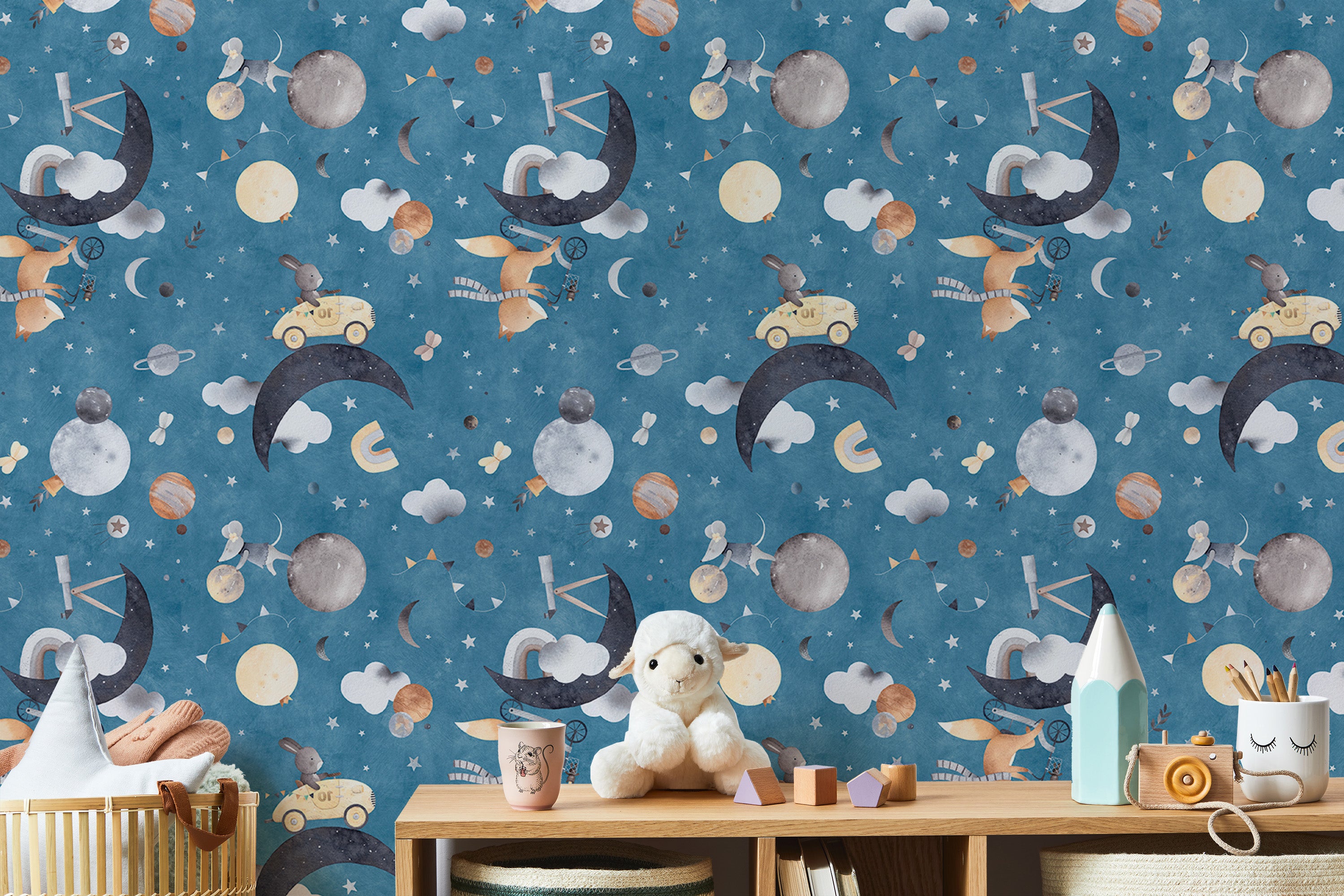 Charming wallpaper with cloud scenes and space animals