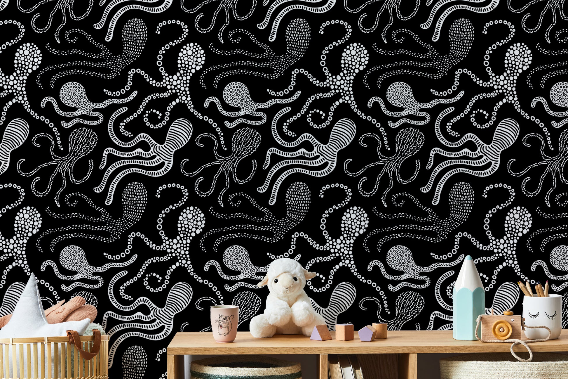 Black and white wallpaper with abstract octopus design