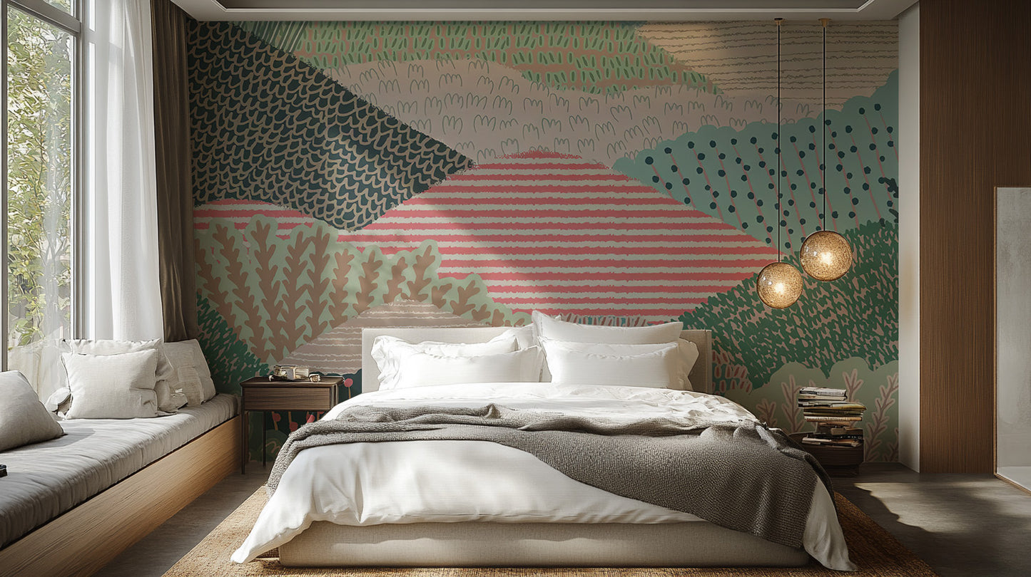 Artistic mural showcasing rolling hills in vivid tones
