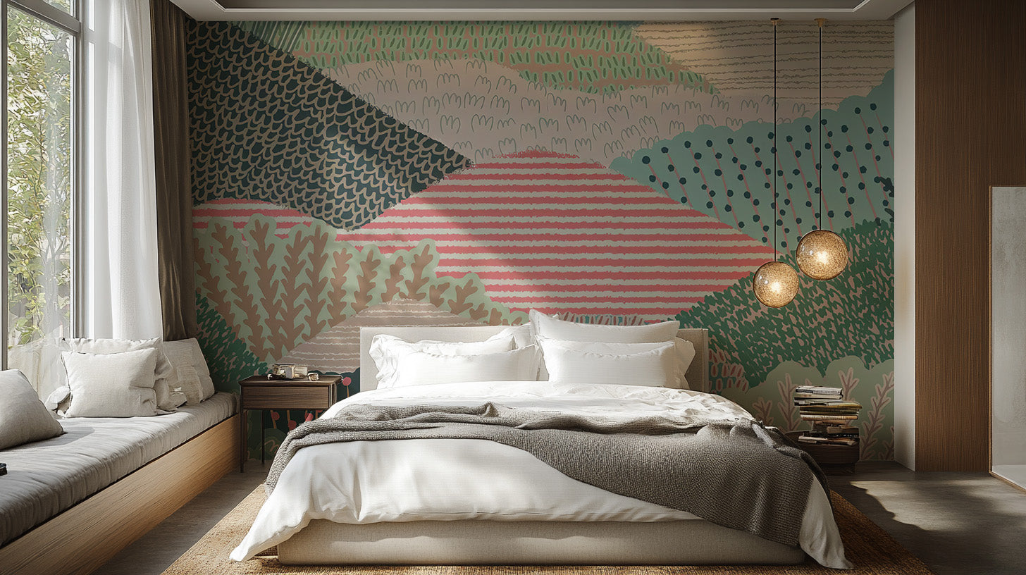 Artistic mural showcasing rolling hills in vivid tones
