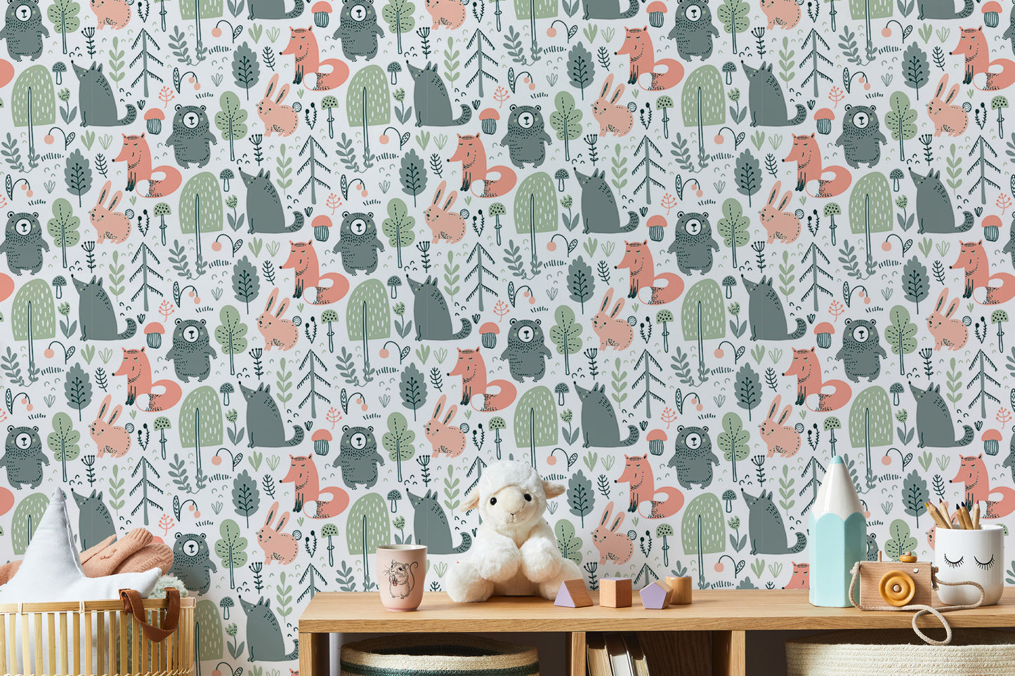 Colorful Wild Forest Animals Kids Room Wallpaper