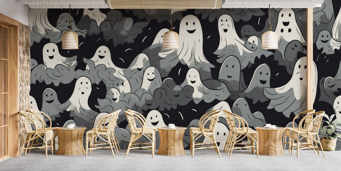 Black and White Ghosts Halloween Wallpaper