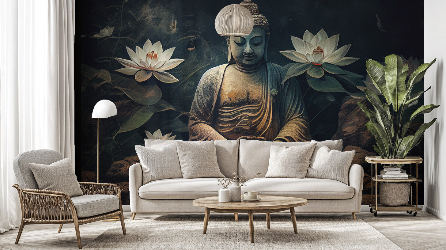 Peaceful Buddha lotus mural for home decor
