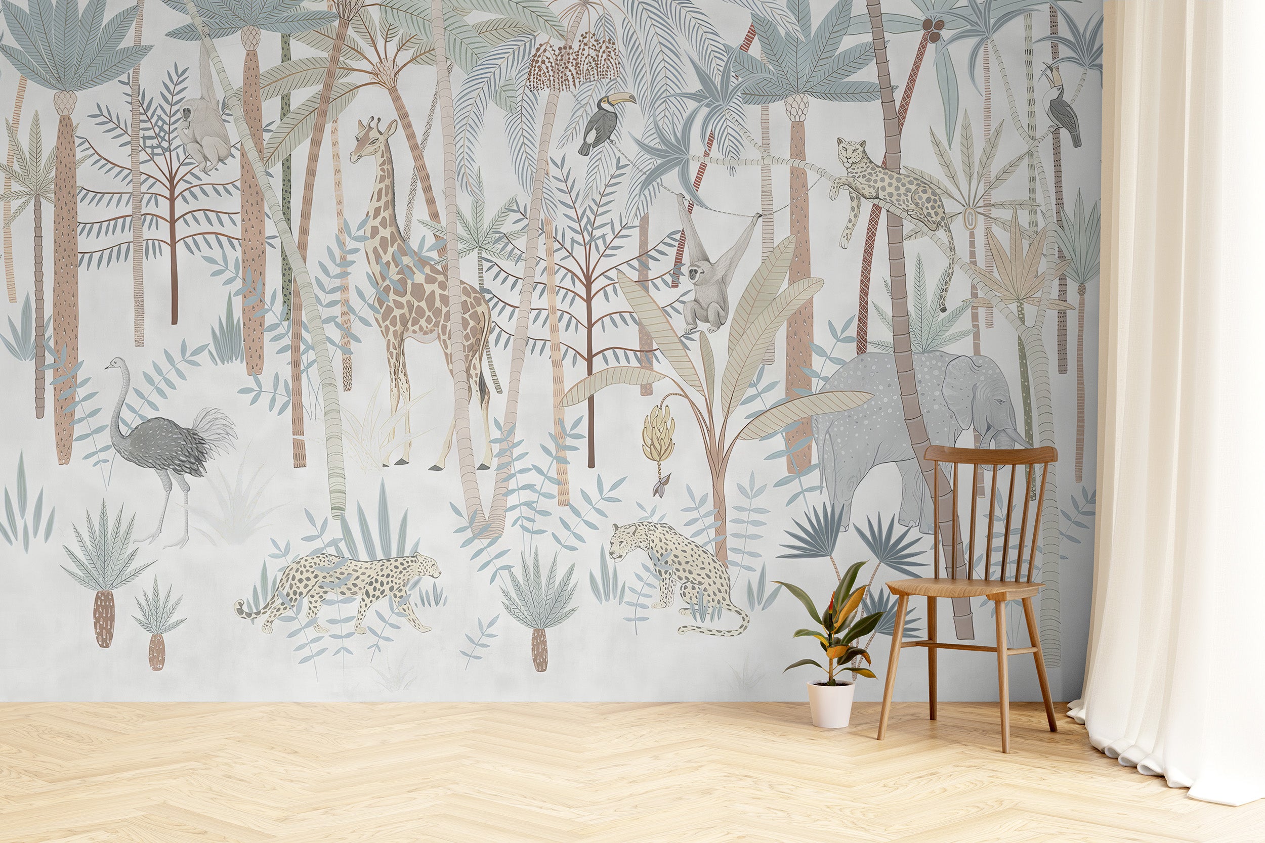 Peel and stick jungle animals mural for playful walls