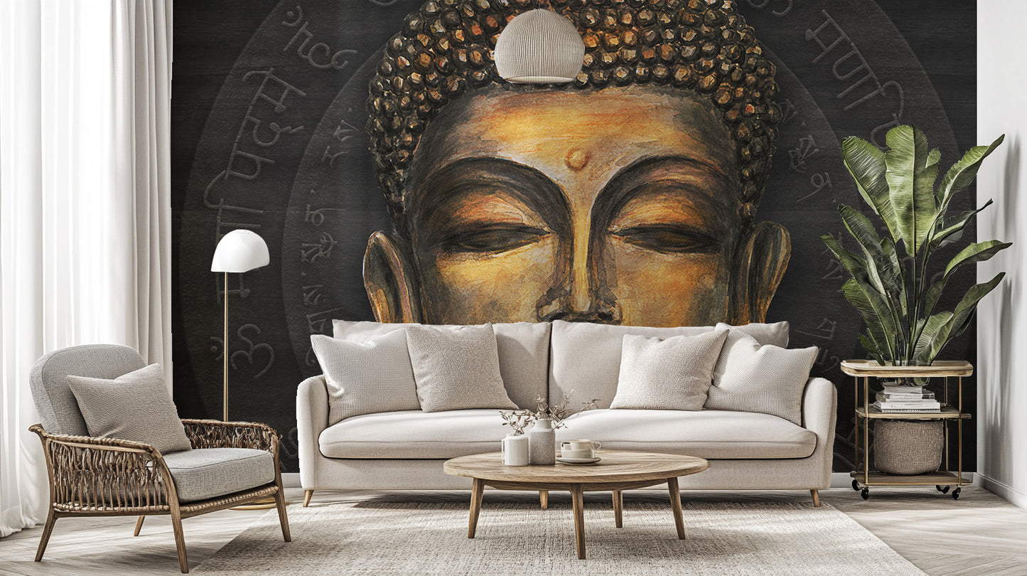 Golden Buddha mural for tranquil decor
