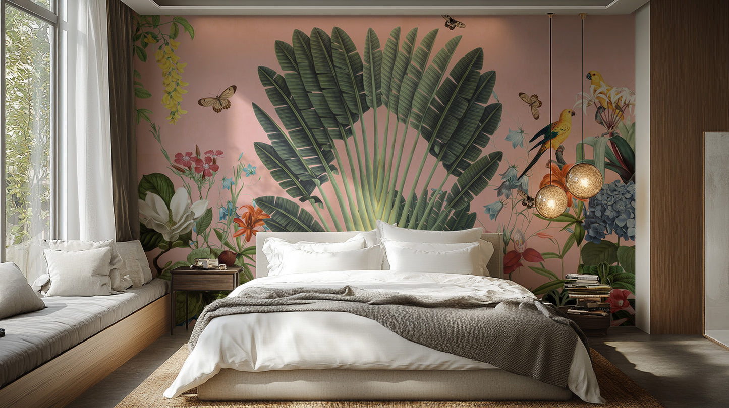 Artistic mural featuring vibrant botanical garden scenery
