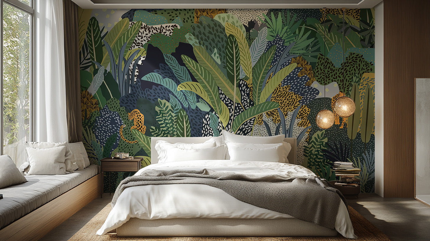 Artistic mural featuring a majestic jungle cat in nature
