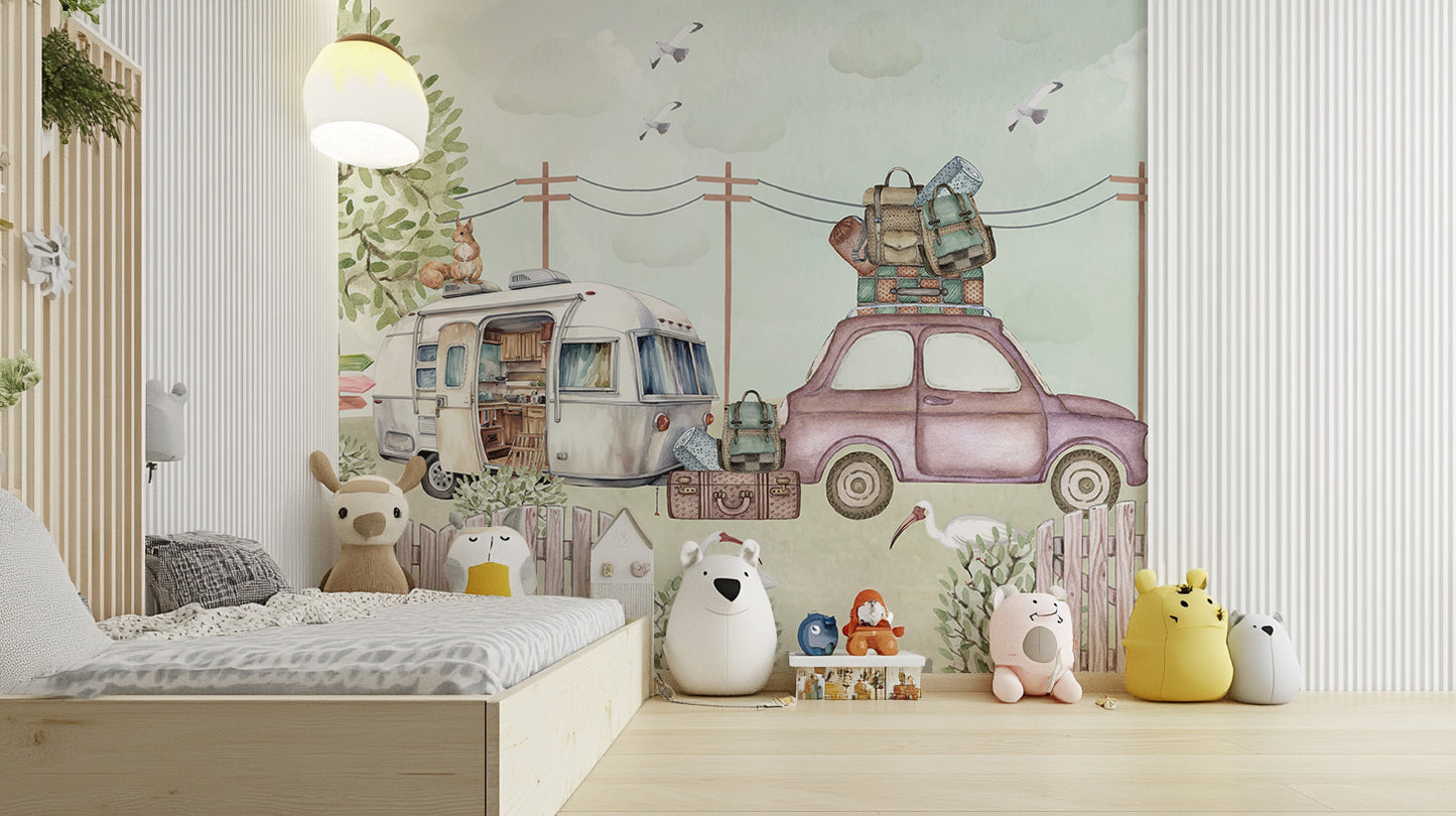 Vintage Car Road Trip Wallpaper Mural