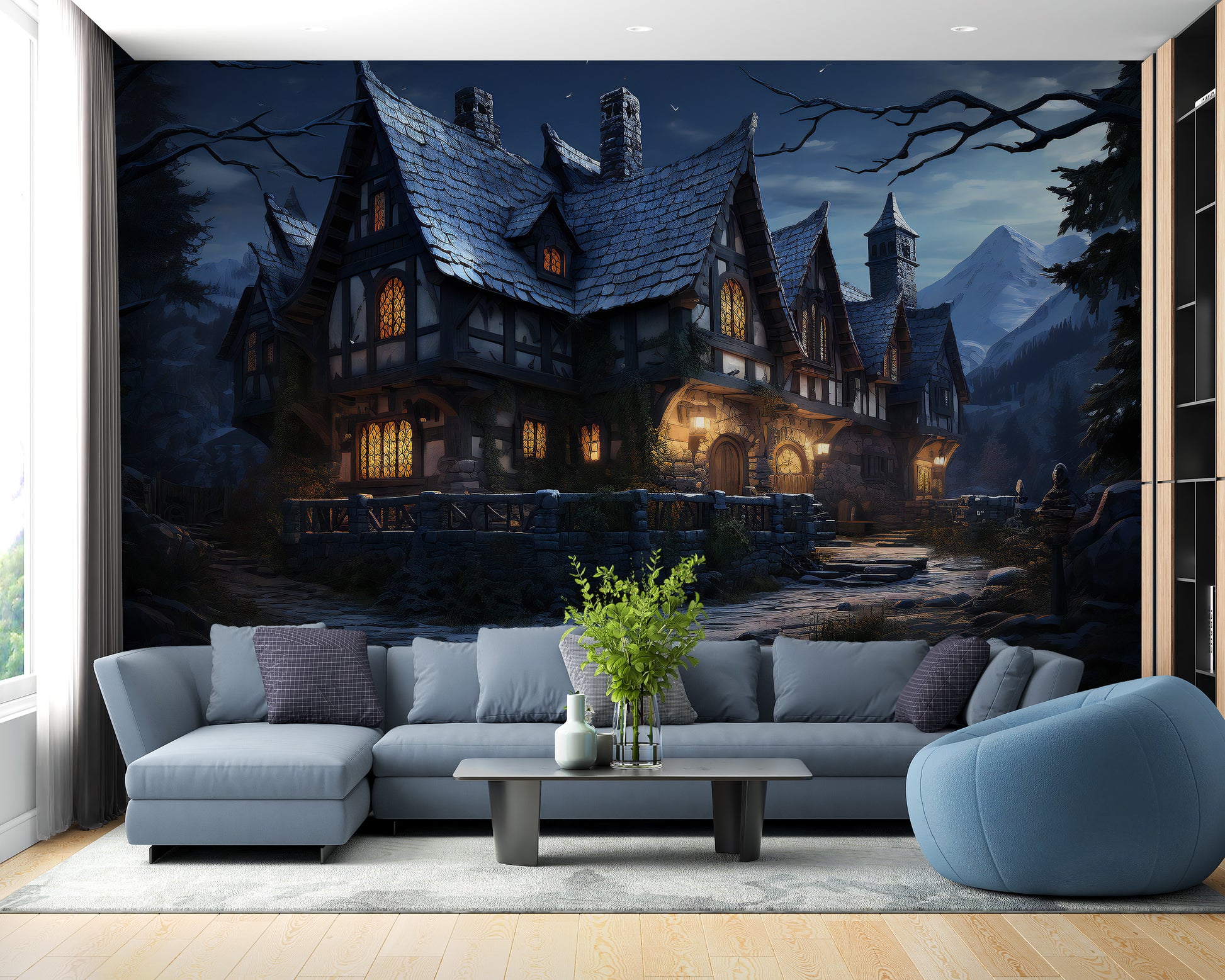 Haunted cottage design for a spooky-themed room
