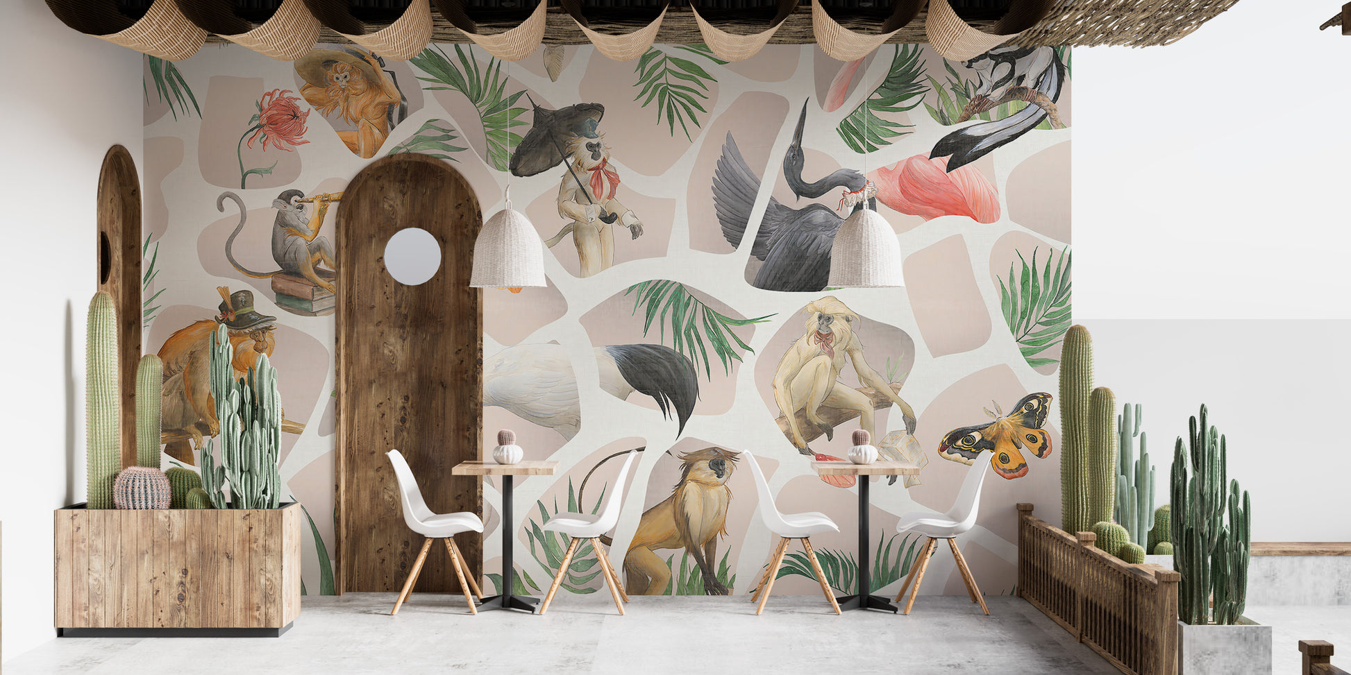 Artistic beige wallpaper featuring monkeys and birds