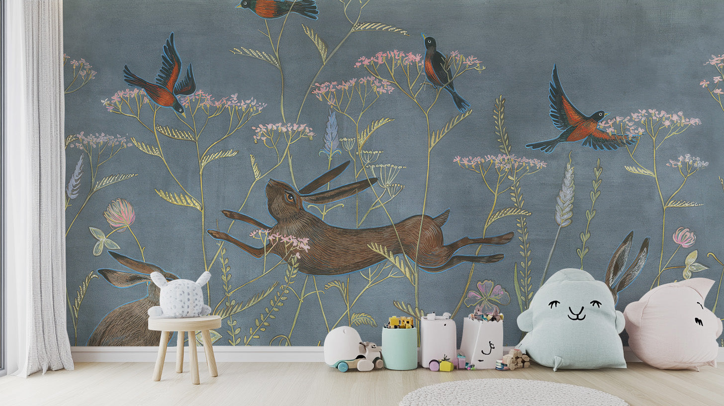 Elegant spring meadow mural for a calming ambiance