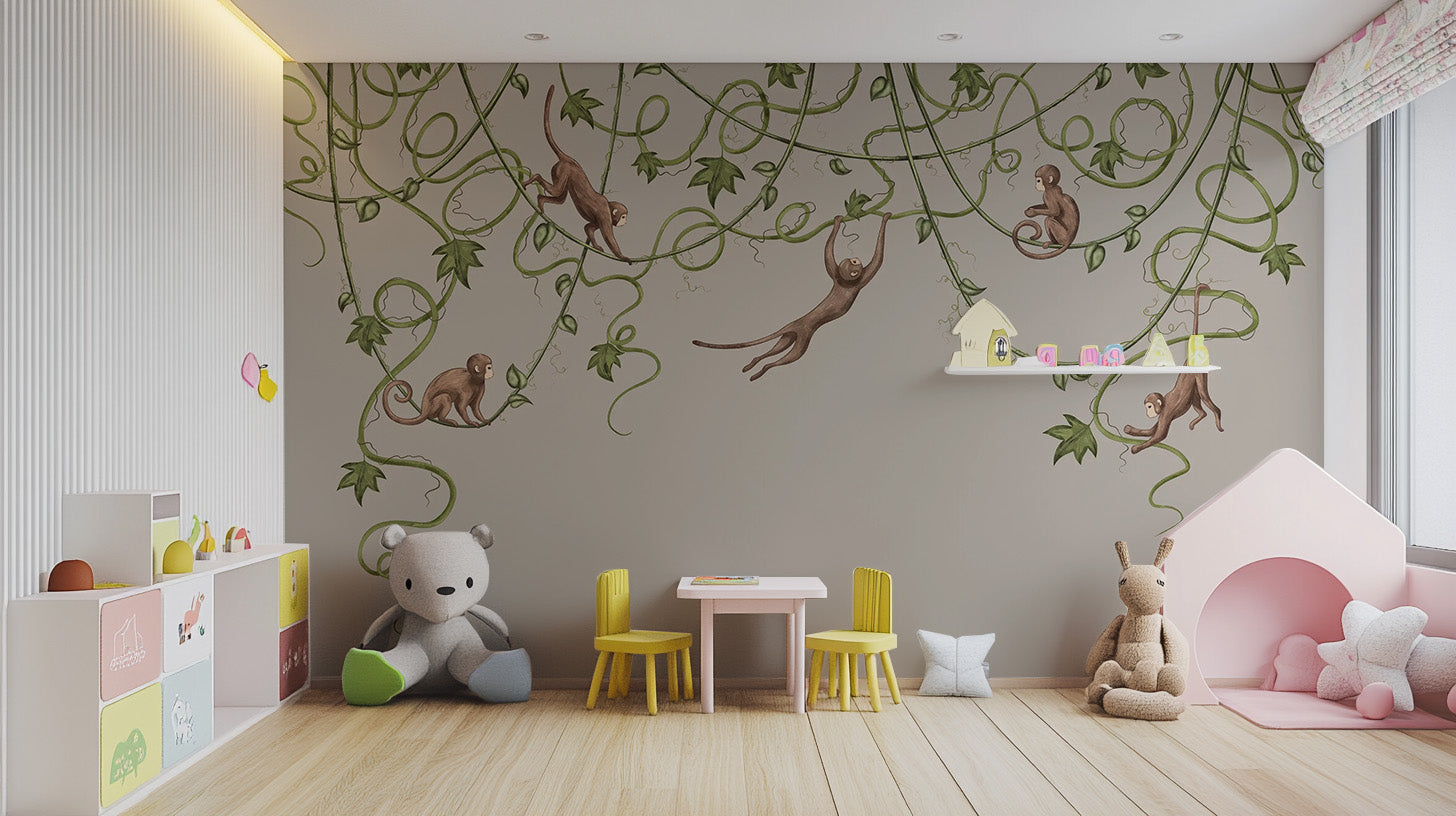 Cheerful jungle animal theme for a baby's nursery wallpaper.
