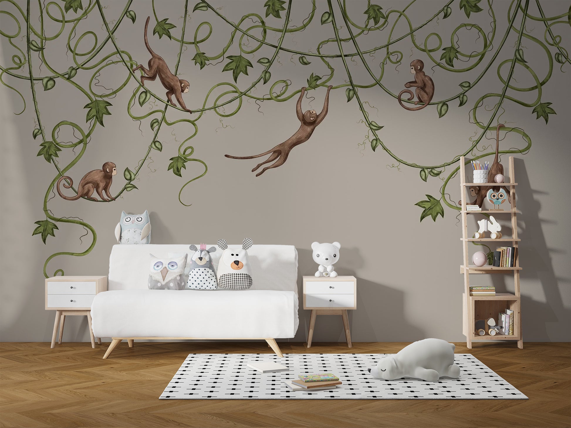 Whimsical monkey wallpaper, perfect for a nursery room.
