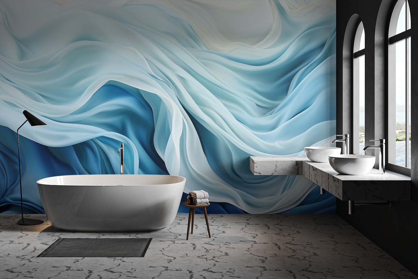 Elegant flowing fabric wallpaper in blue gradients
