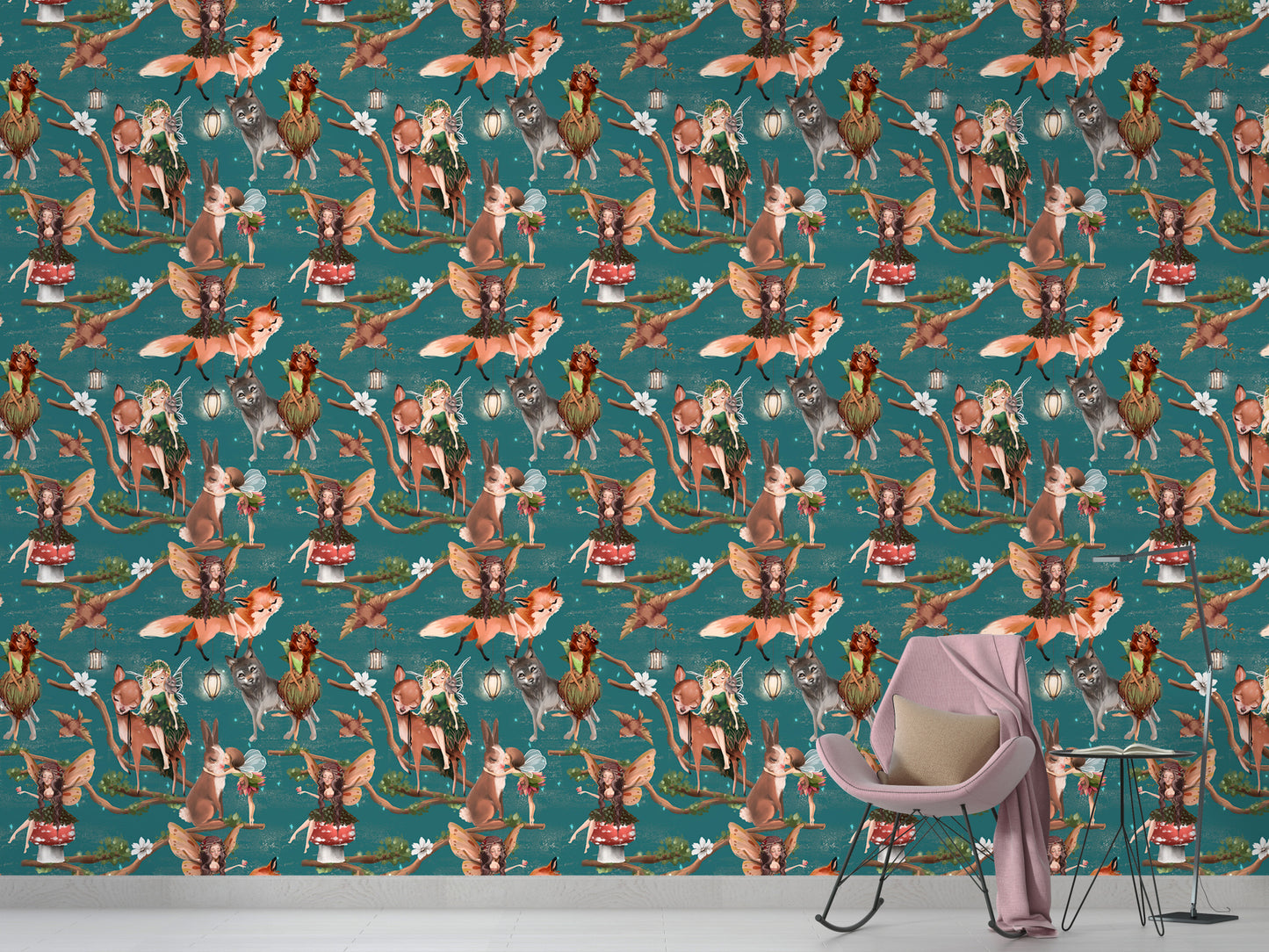 Charming wallpaper with fairies and woodland animal friends