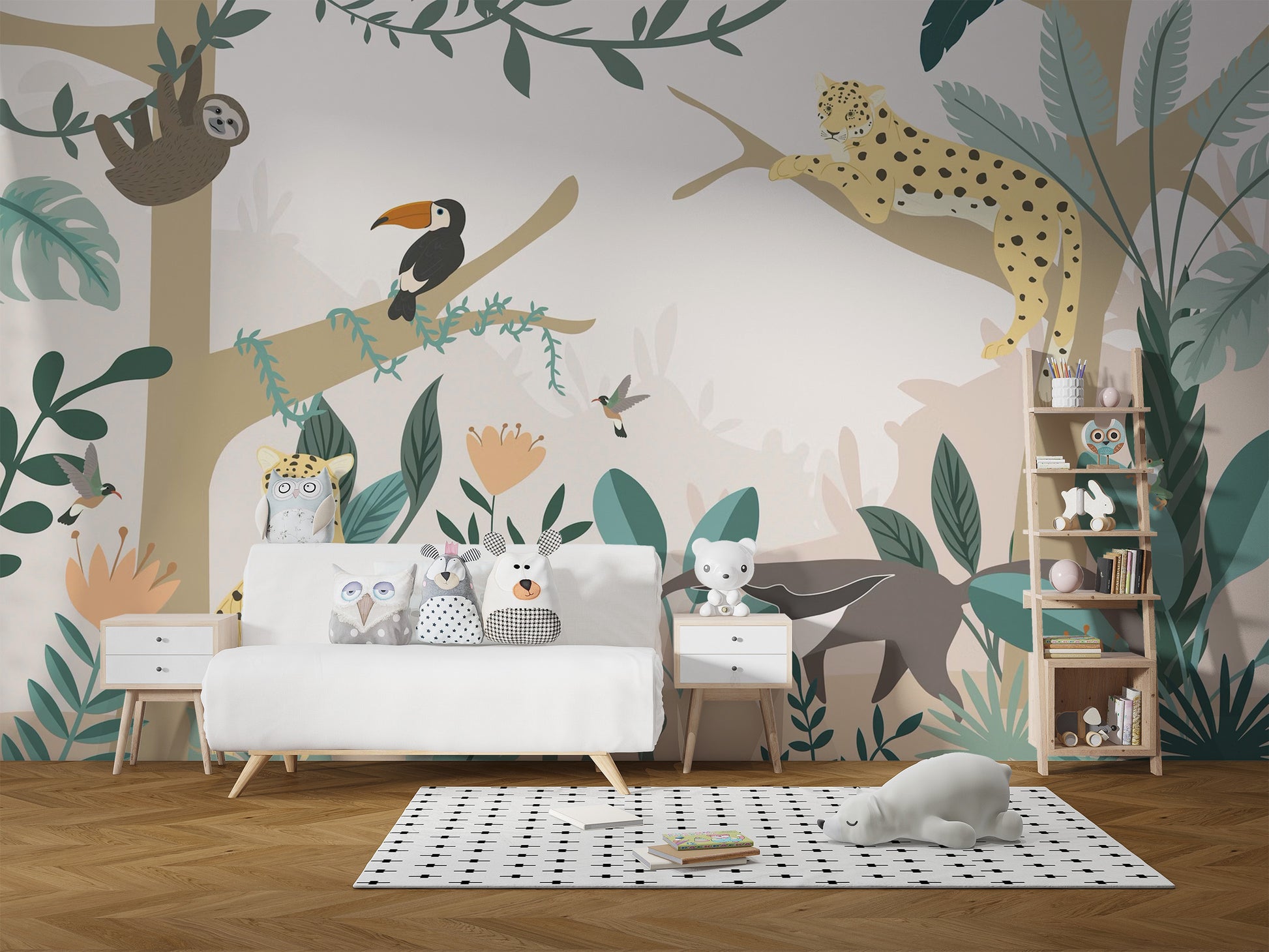 Lively rainforest mural with friendly jungle animals.
