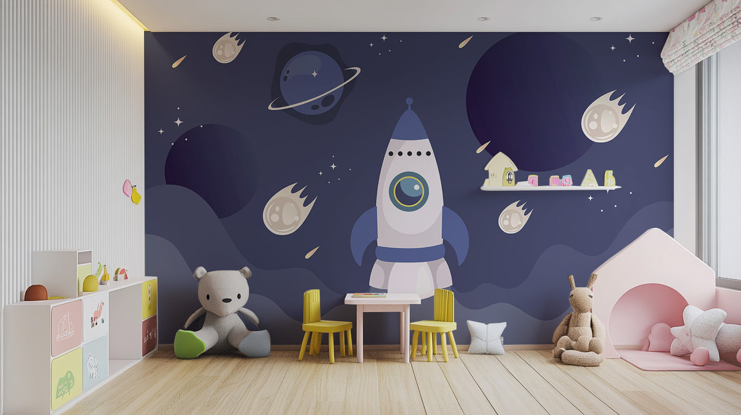 Kids space adventure wallpaper with rocket ships
