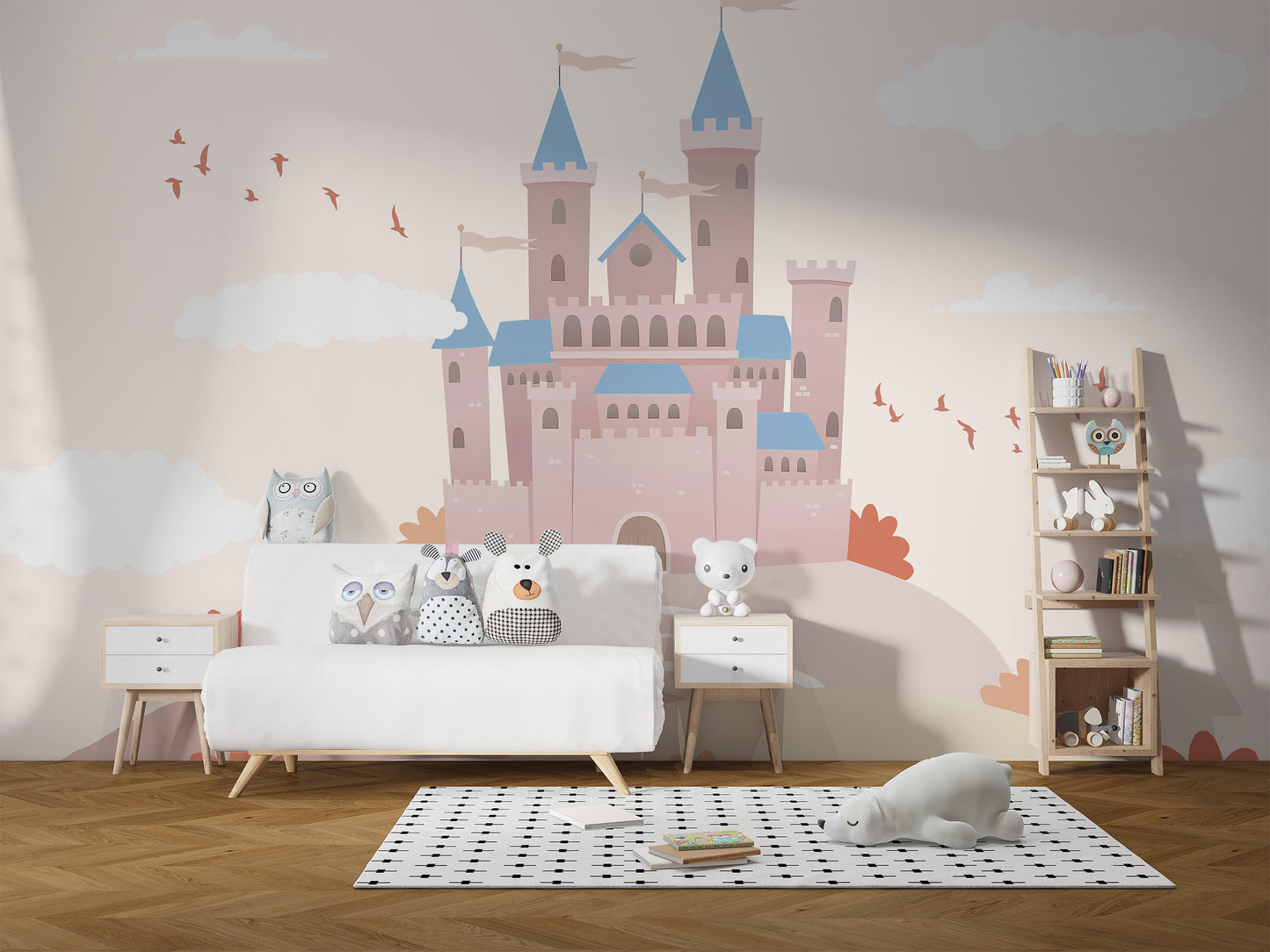 Enchanting castle kingdom wall mural for children's space
