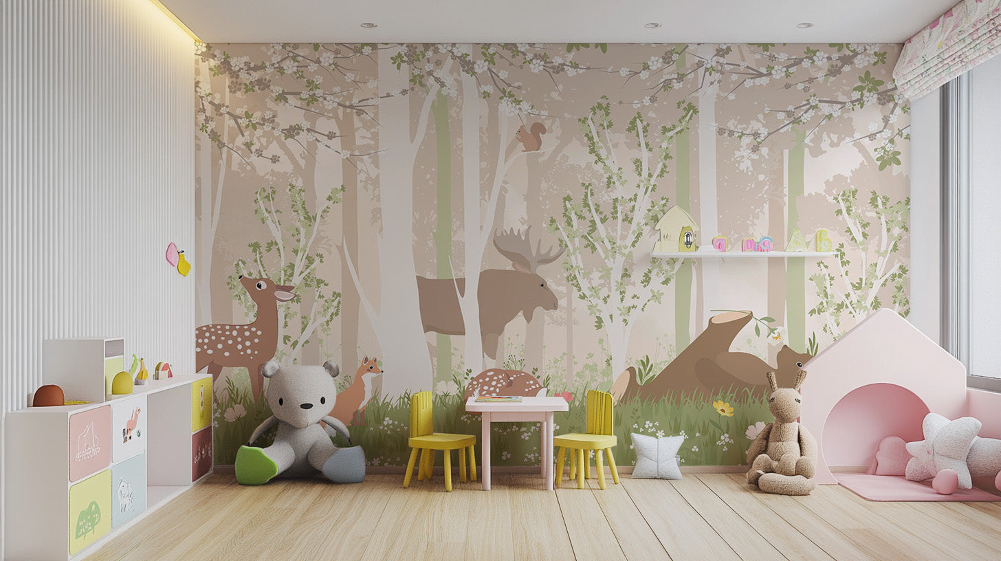 Bright and cute wildlife mural for a lively room
