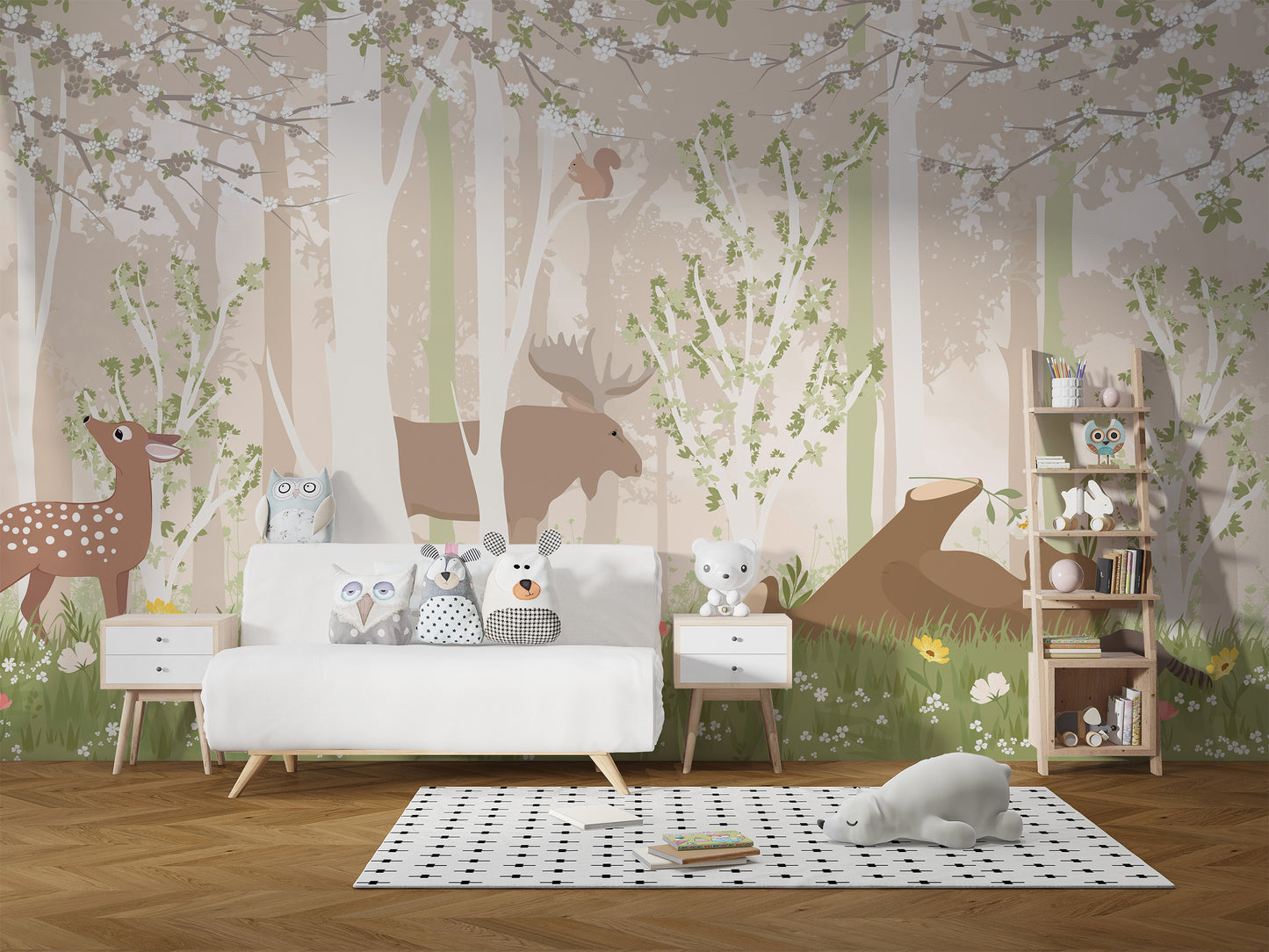 Whimsical wildlife wallpaper for a playful room
