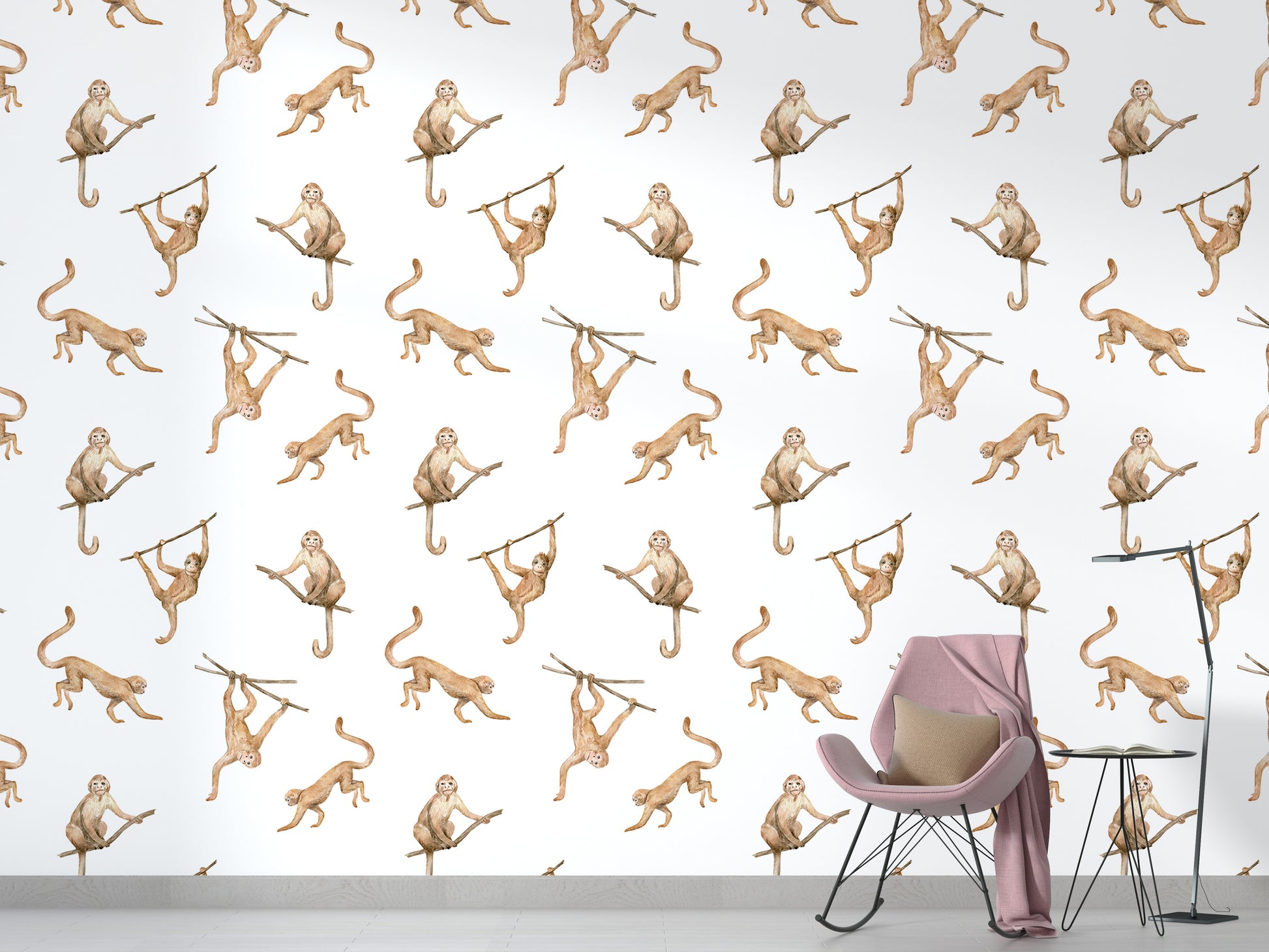 Whimsical monkey-themed wallpaper with watercolor charm