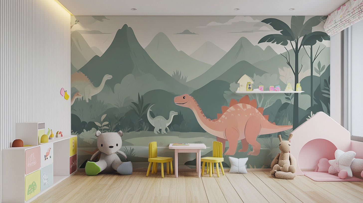 Colorful kids dinosaur world mural for playful decor
