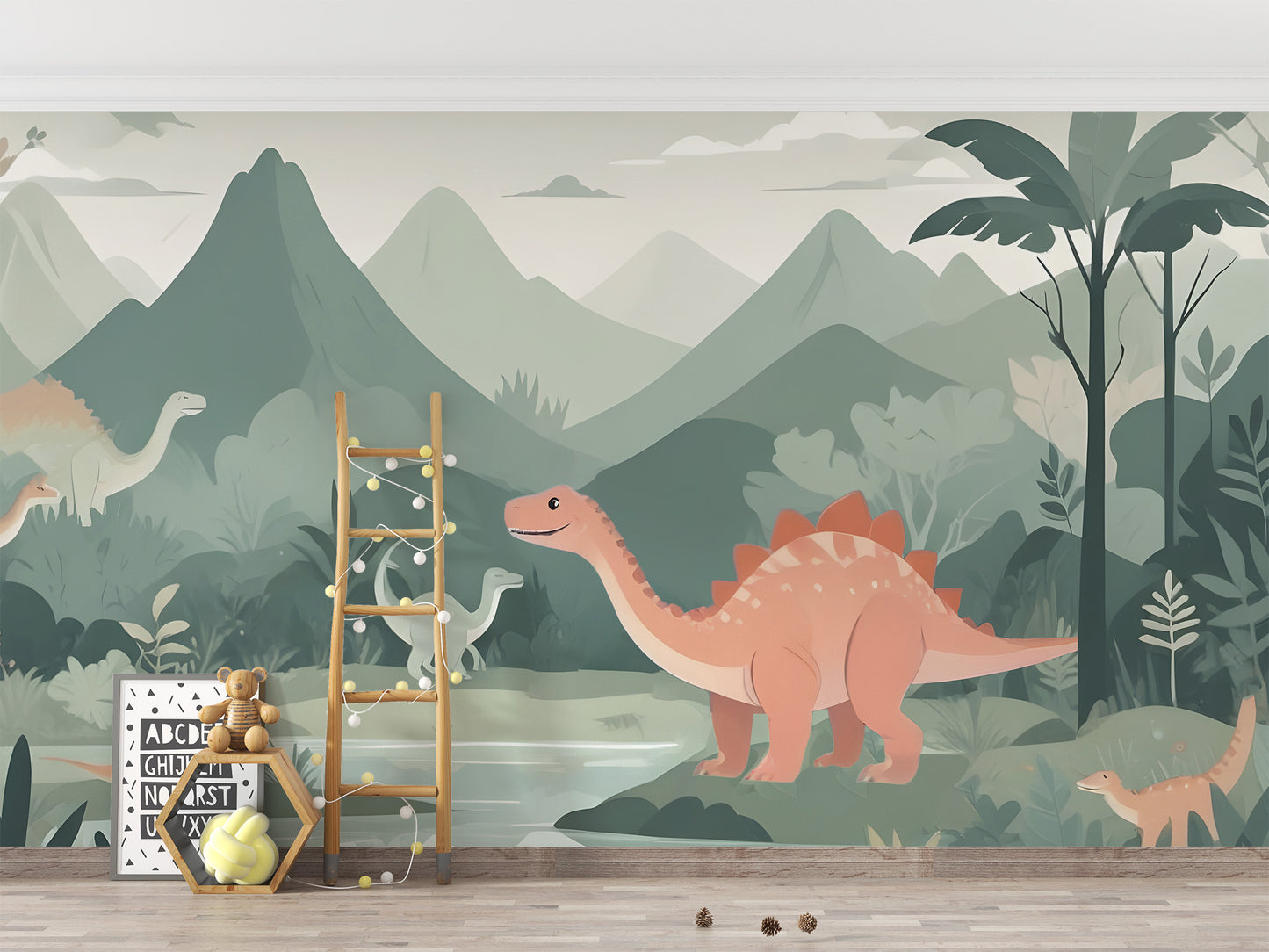 Dinosaur-themed mural for kids' room decor
