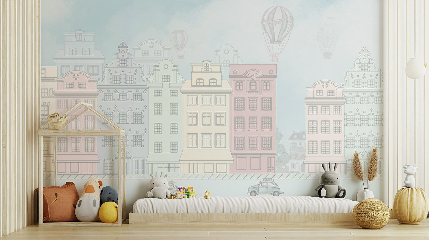 Colorful Cityscape Wall Mural for a lively, city feel