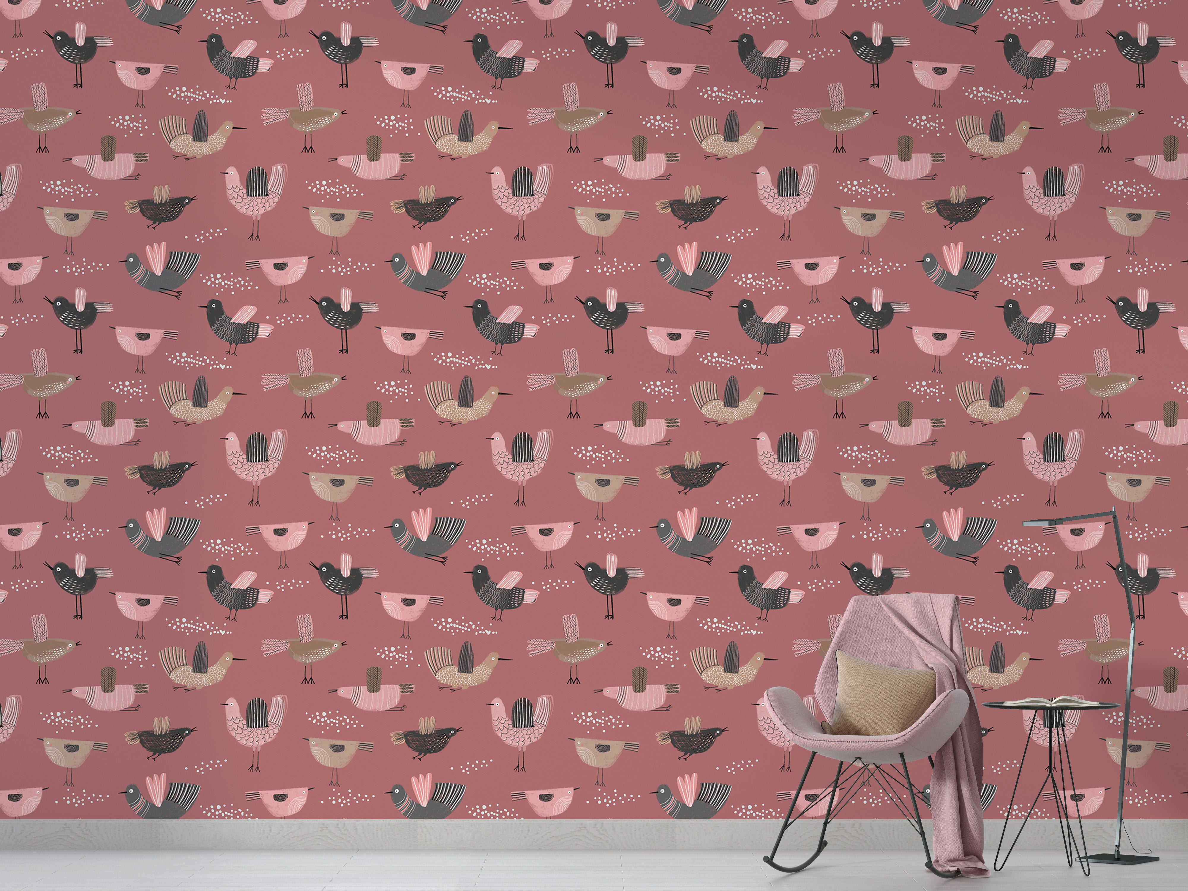 Seamless bird pattern wallpaper in soft pastel tones