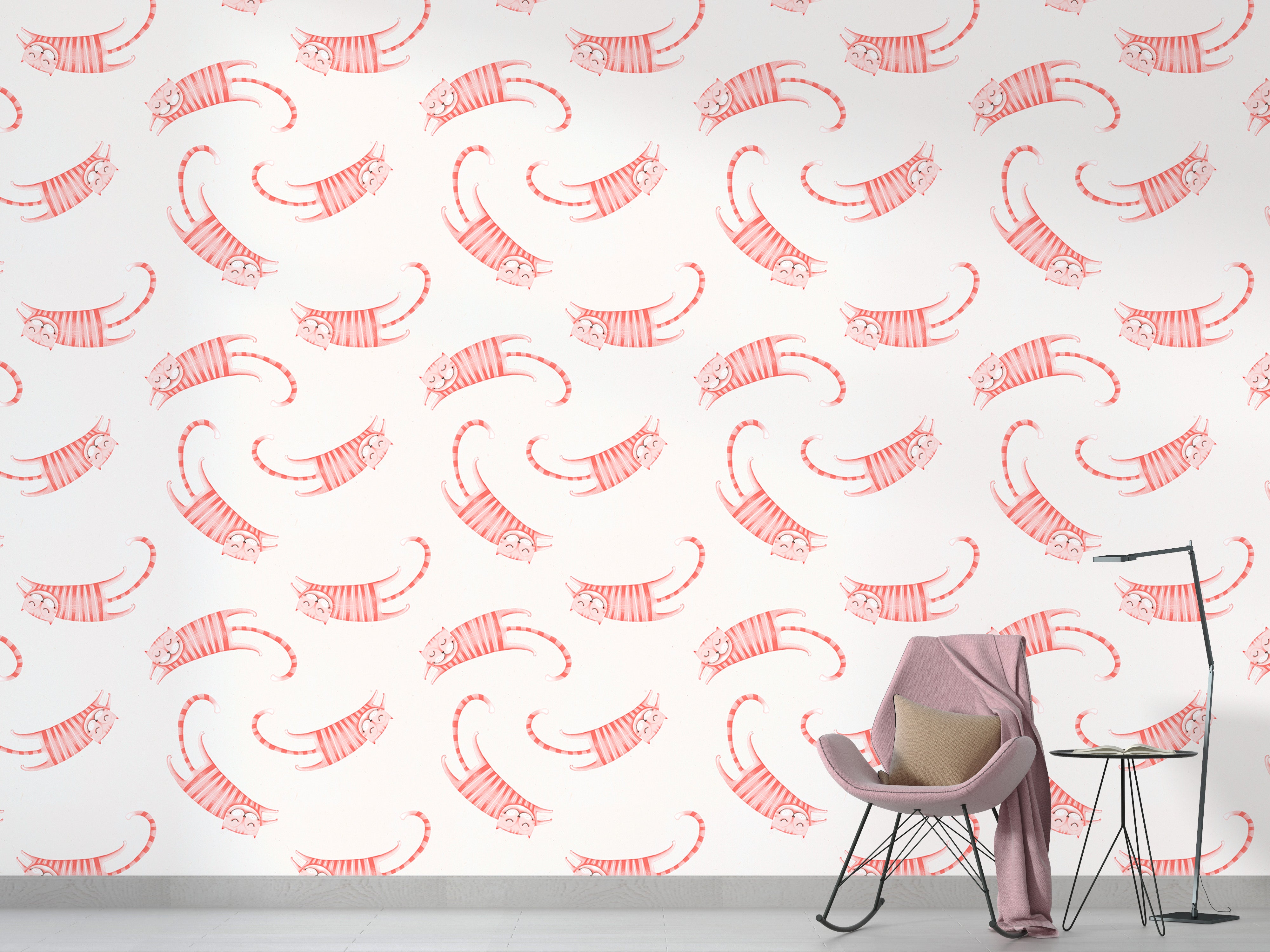 Pink striped cat wallpaper perfect for kids' rooms