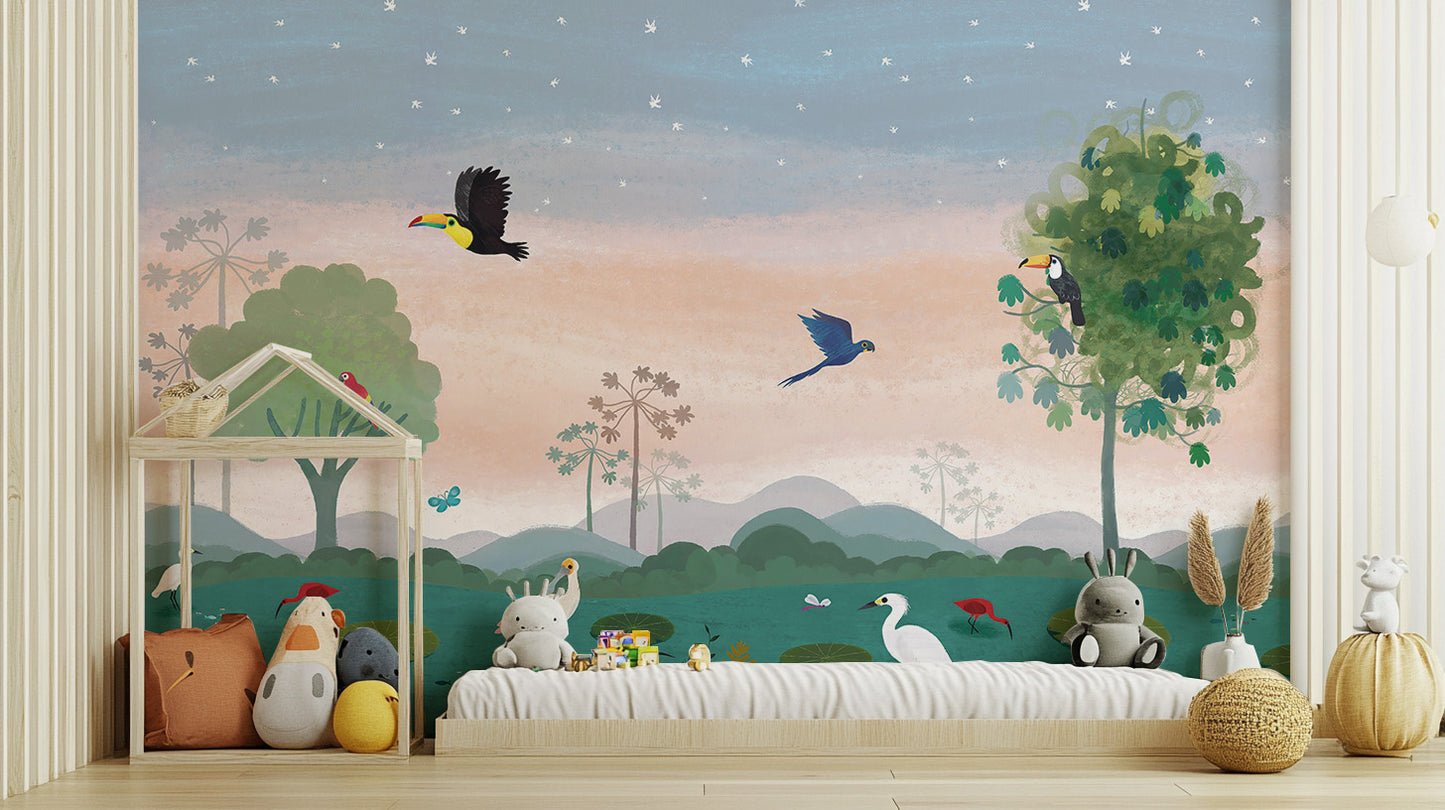 Dusky Amazon Birds Wall Mural for a tropical touch