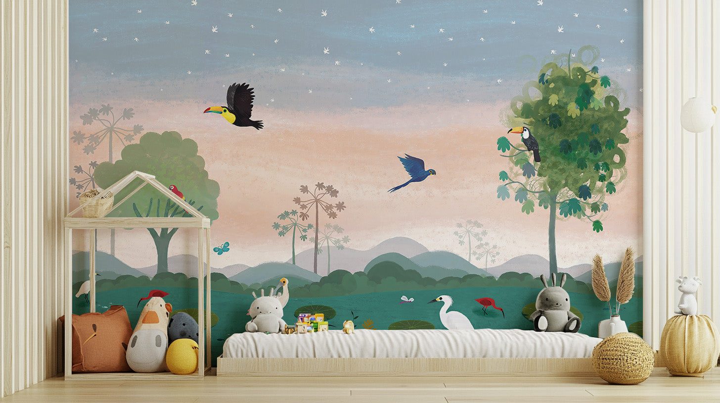 Dusky Amazon Birds Wall Mural for a tropical touch