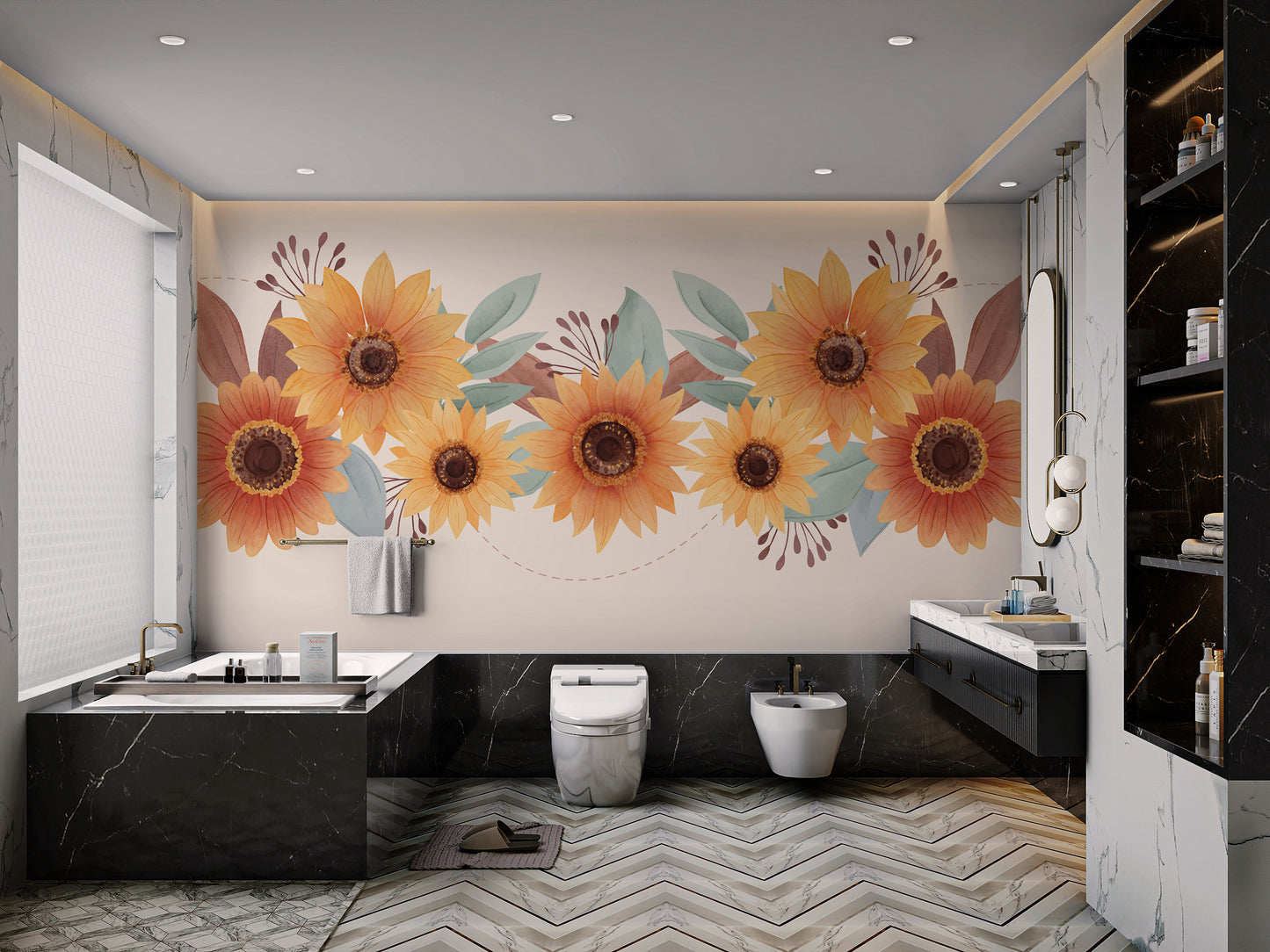 Bright sunflower floral wallpaper with watercolor effect
