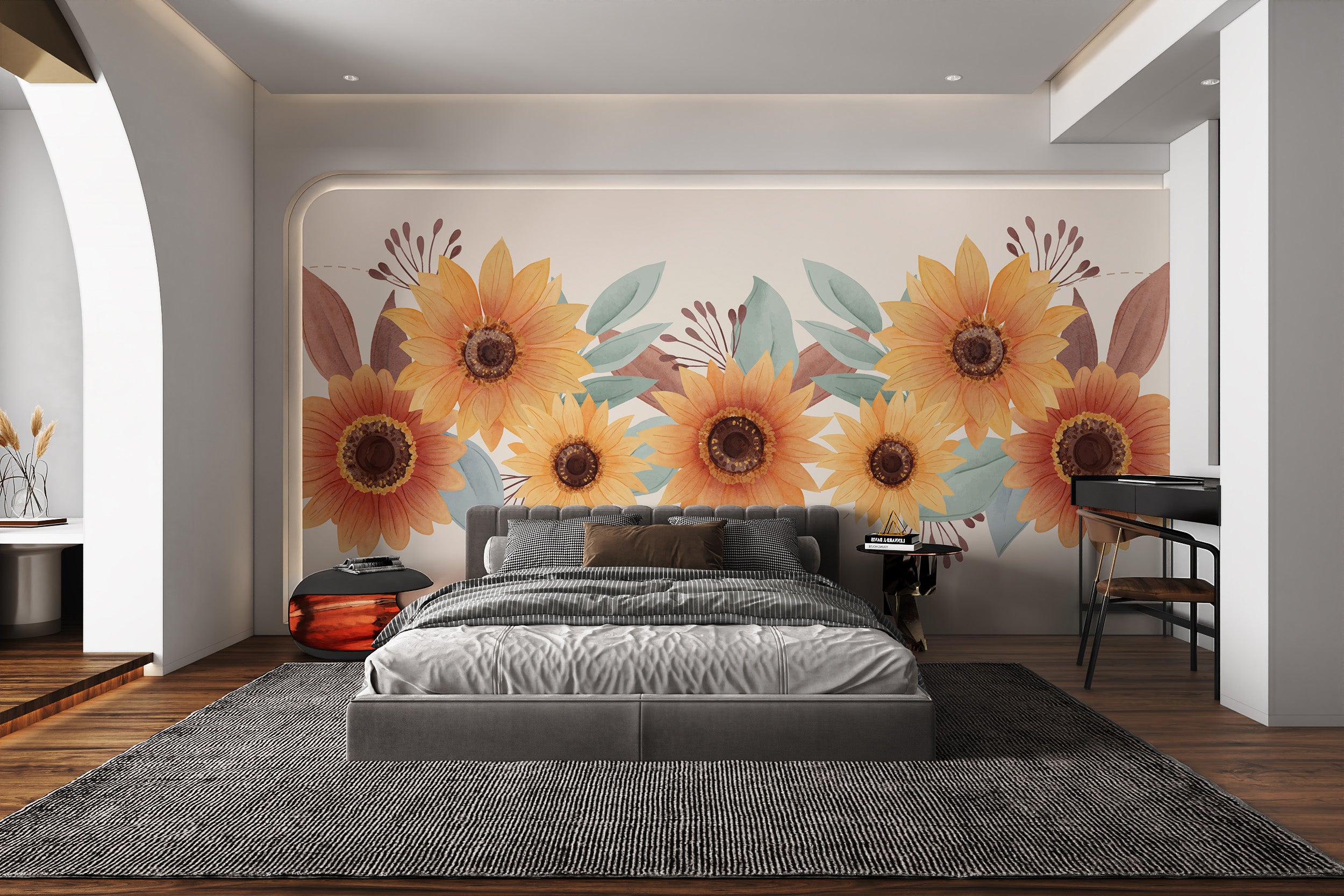 Watercolor sunflower floral wallpaper for living rooms
