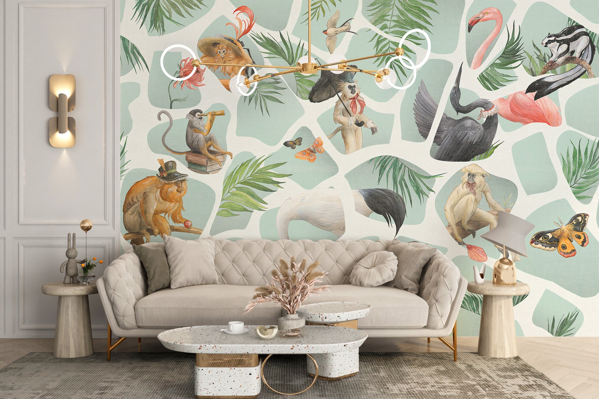 Tropical Wildlife Watercolor Monkey and Birds Wall Mural