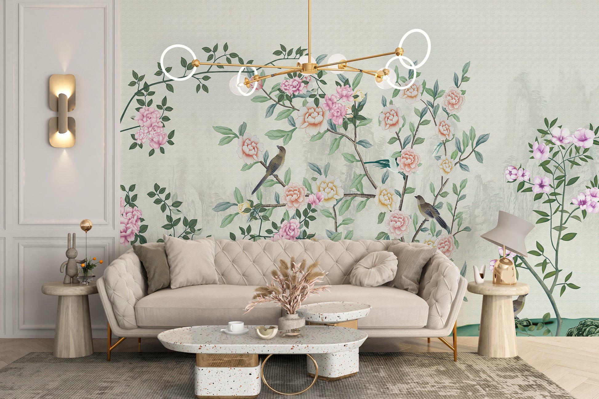 Elegant botanical design with vivid birds.
