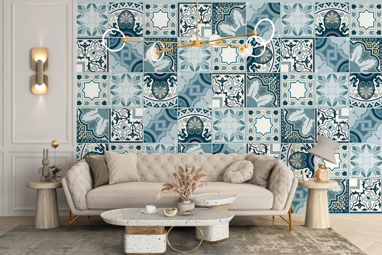 Mediterranean geometric tile wall mural.
