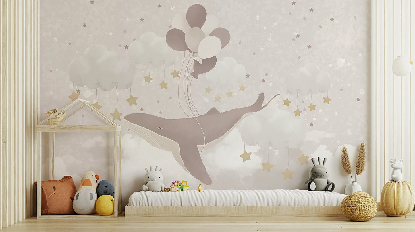 Flying Whale Nursery Wallpaper Mural with cute designs