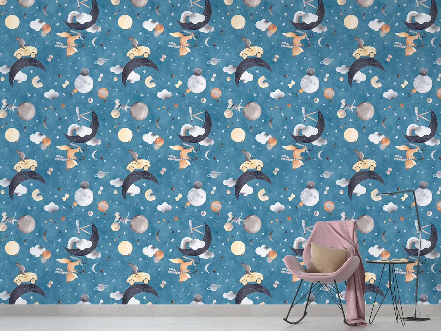 Blue space-themed wallpaper showcasing playful fox and mouse