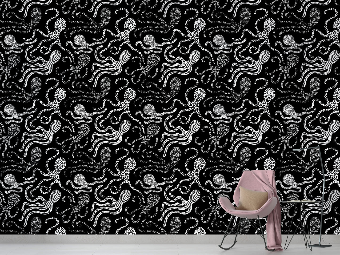 Scandinavian-style wallpaper featuring octopus artwork