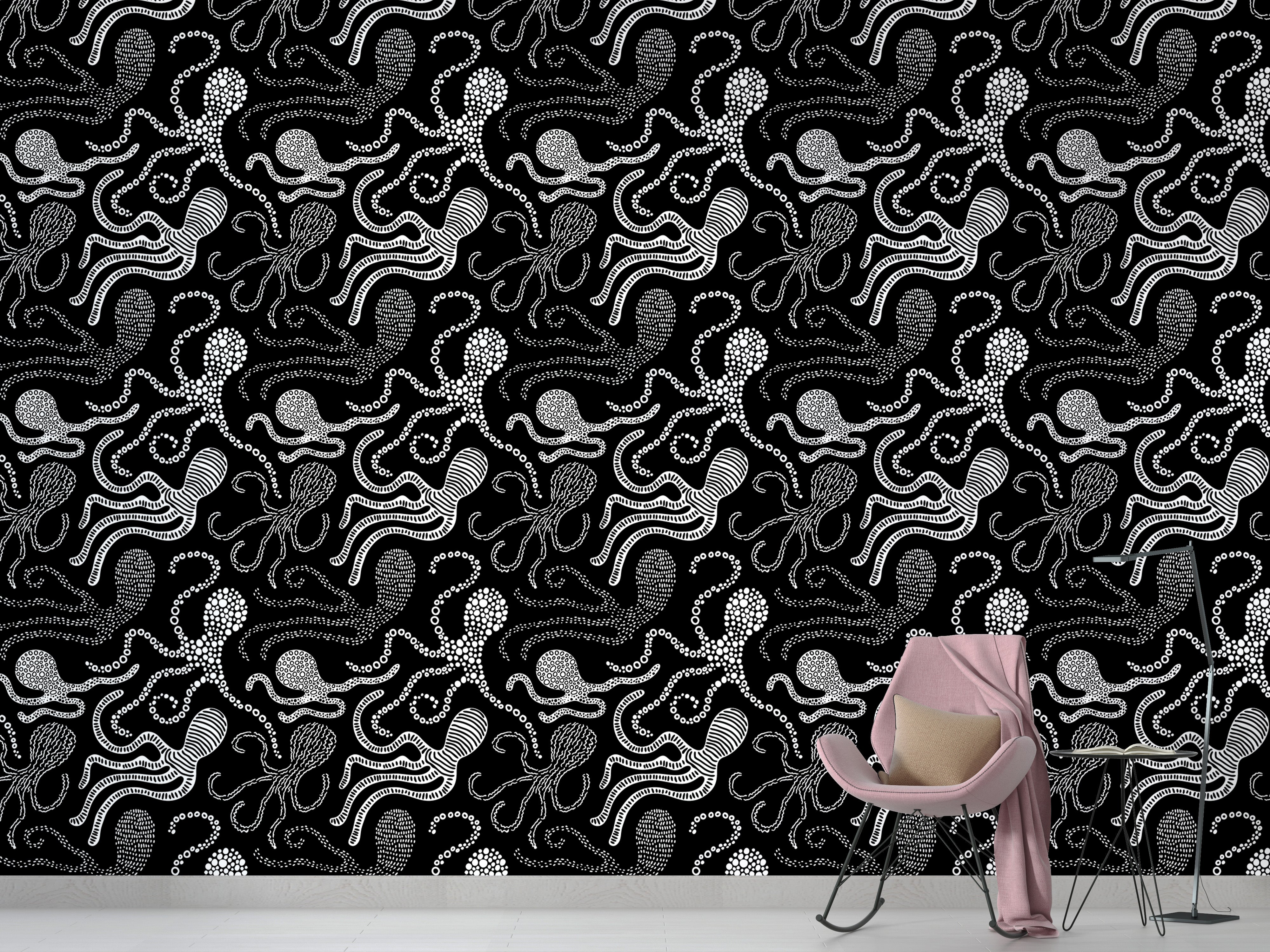 Scandinavian-style wallpaper featuring octopus artwork