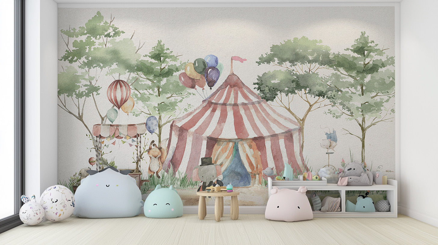 Circus tent wallpaper mural for imaginative kids' decor