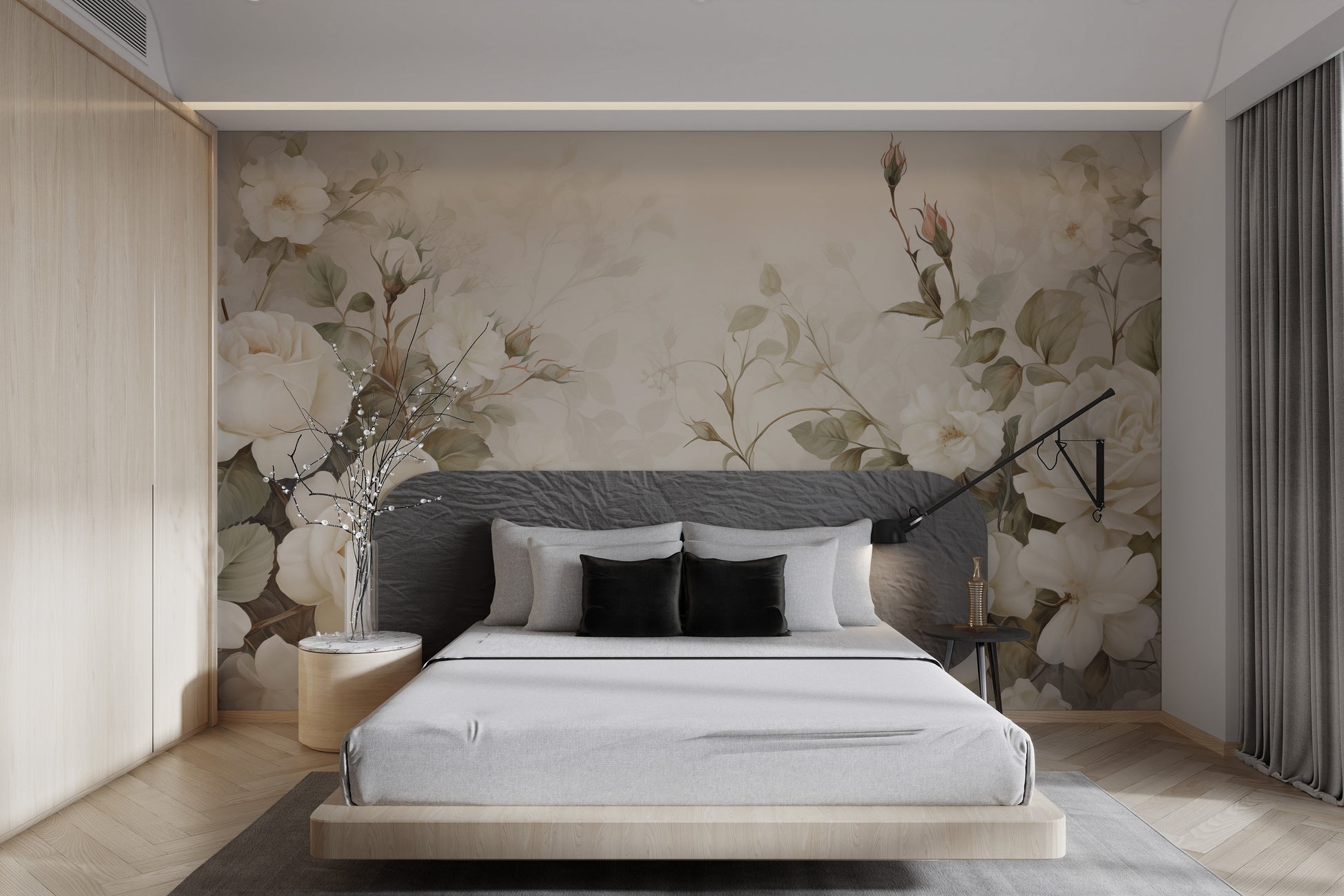 White rose botanical print wallpaper for interiors
