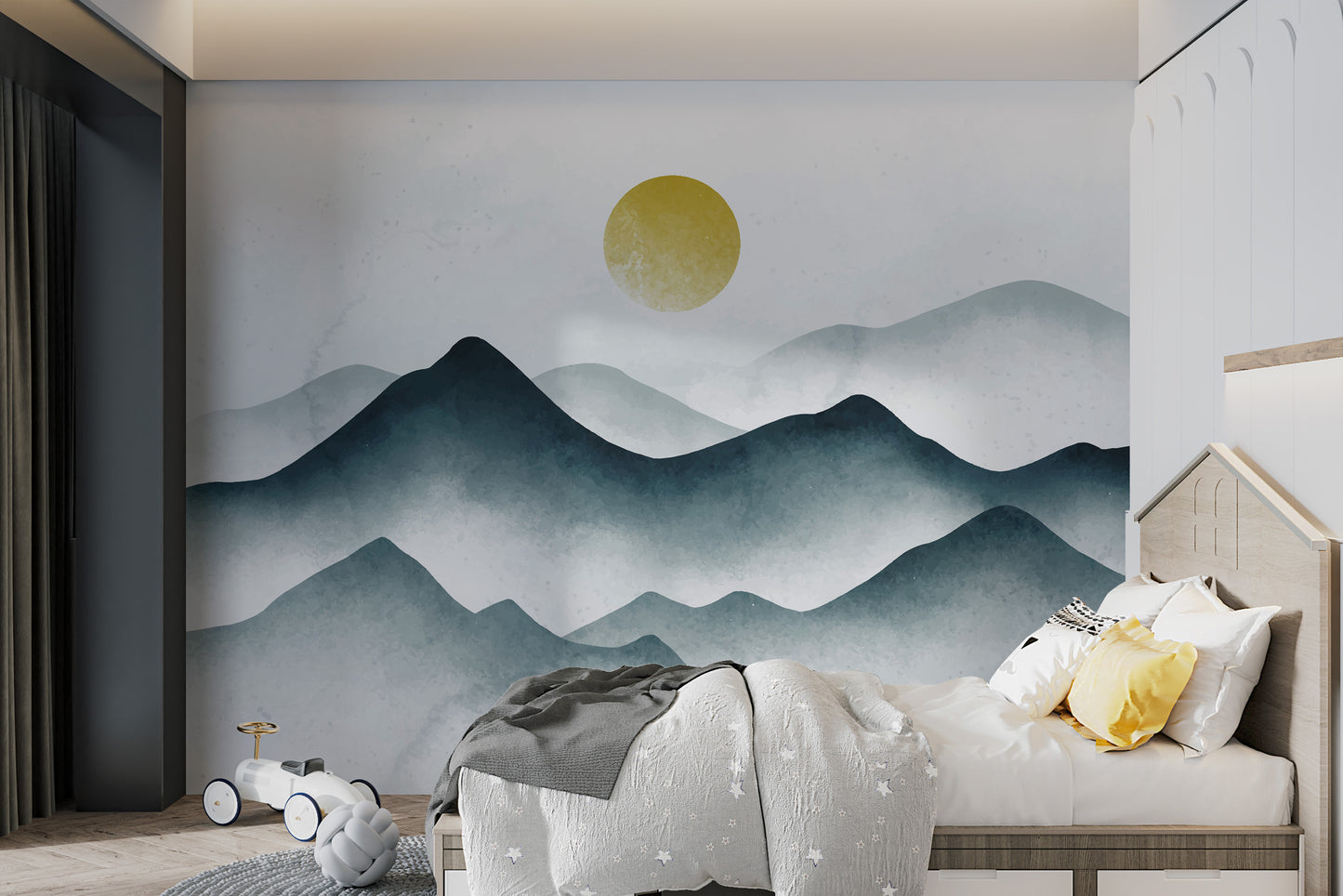 Tranquil watercolor mountain landscape wallpaper for bedrooms
