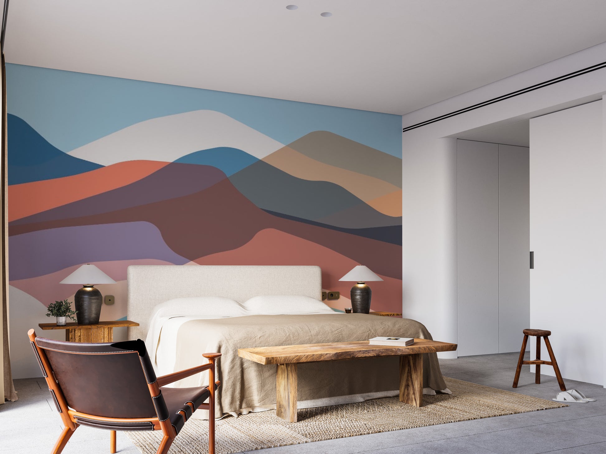 Artistic abstract mountain design with layered colors and soft gradients