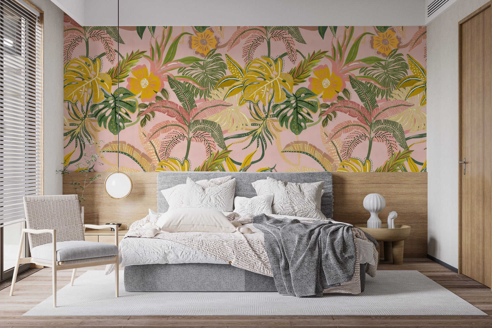 Artistic tropical leaf mural with bright colors for walls
