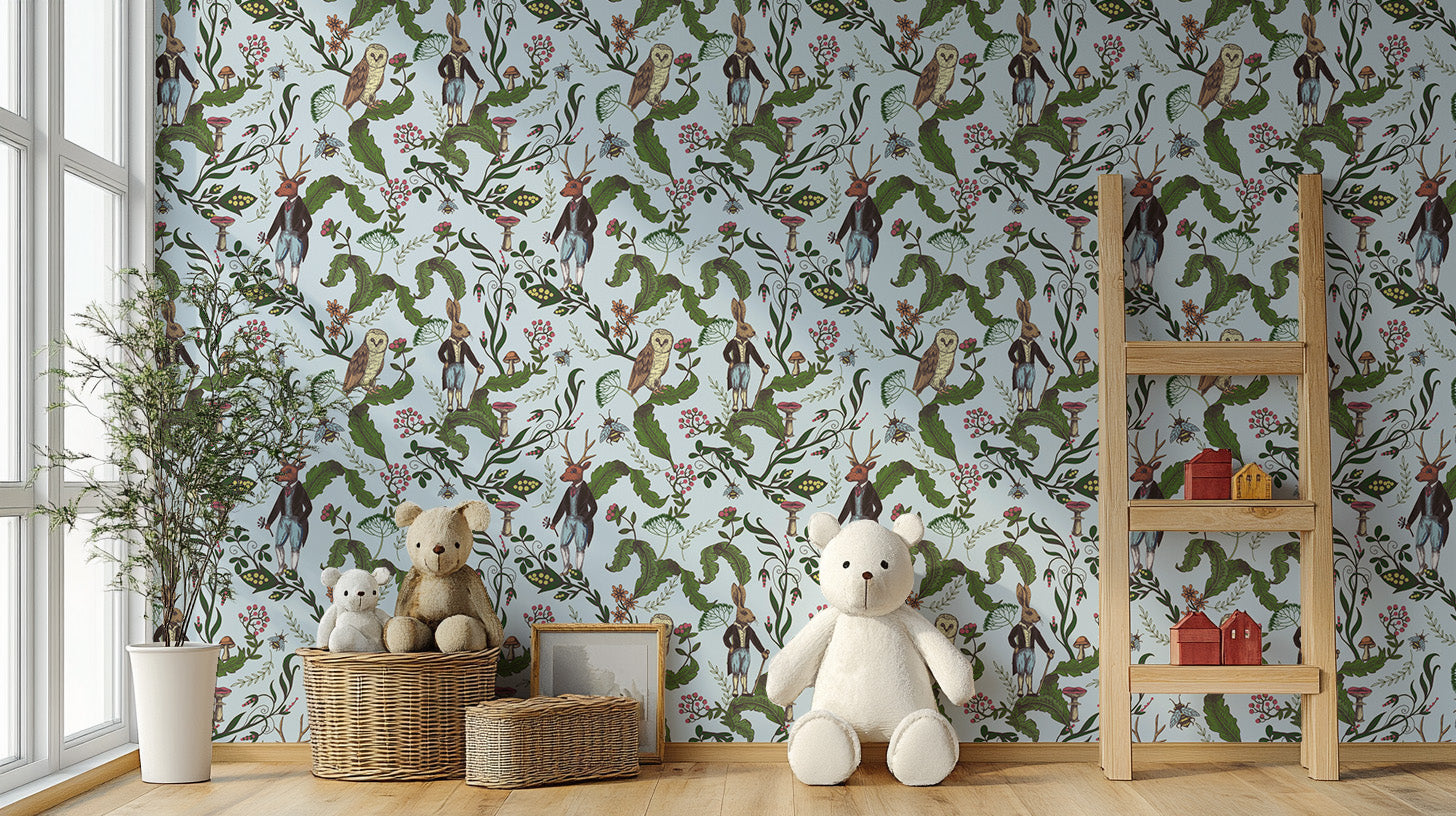 Rabbit and owl in green leaf wallpaper
