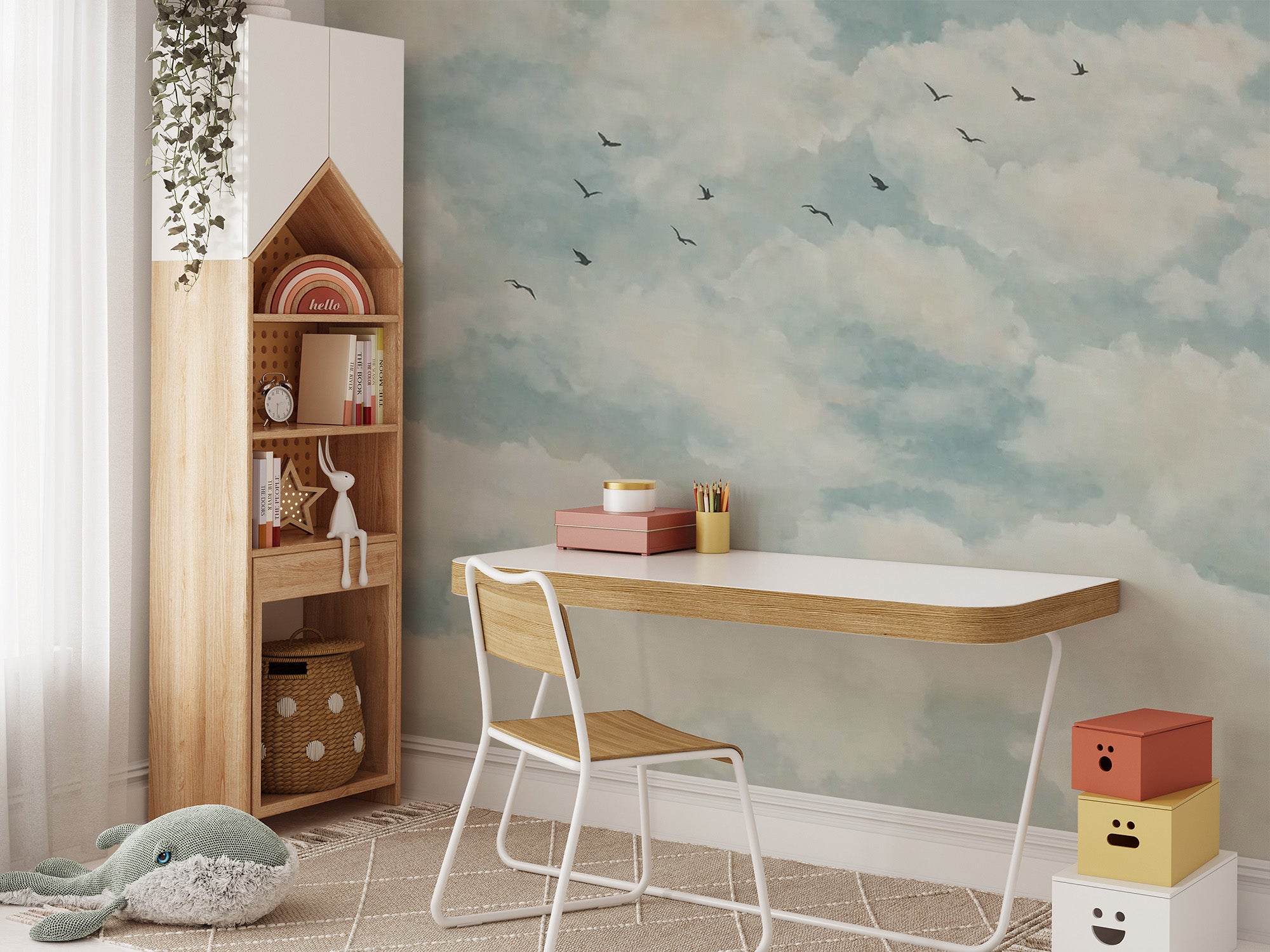 Elegant clouds and birds mural for calming interiors